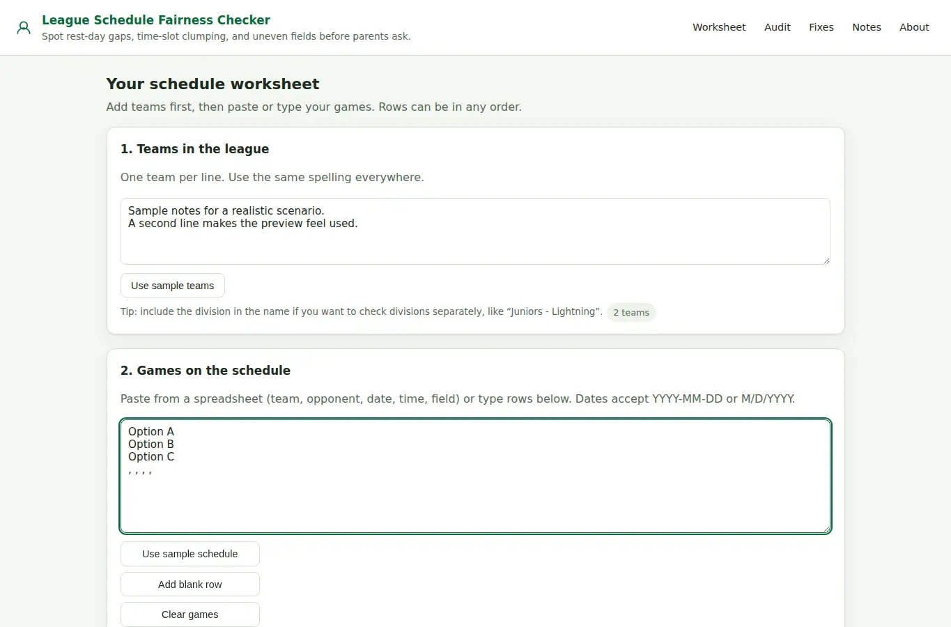 Screenshot of Community Sports League Schedule Fairness Checker interface showing the project page in use